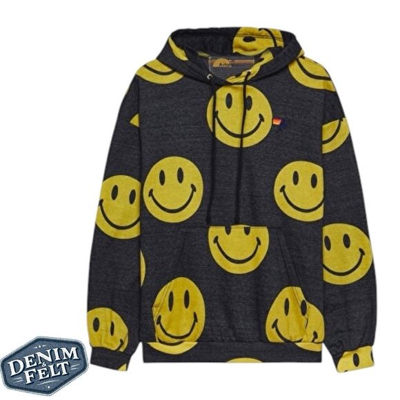 Aviator Nation Unisex Black/Yellow Smiley Repeat Relaxed Pullover Hoodie | EUC😀 - Picture 1 of 16